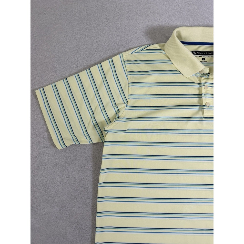 Pebble Beach Dry Luxe Performance Polo Shirt Men's Large Striped Golf Yellow - Picture 4 of 16